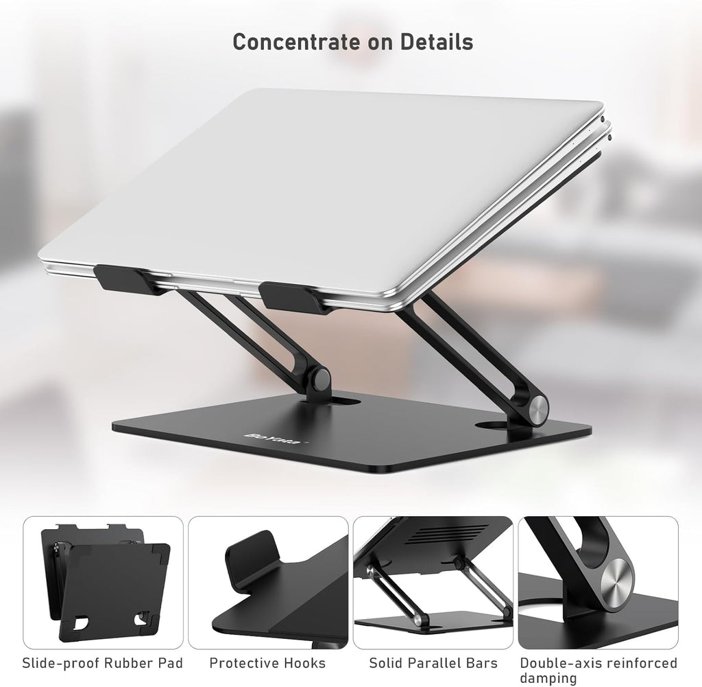 Laptop Stand, Adjustable Aluminum Desktop Riser, up to 15 Inches, Black | Slide-Proof Silicone Pads and Protective Hooks Provide Stable Support for Macbook, Notebooks and Laptops up to 15 Inches