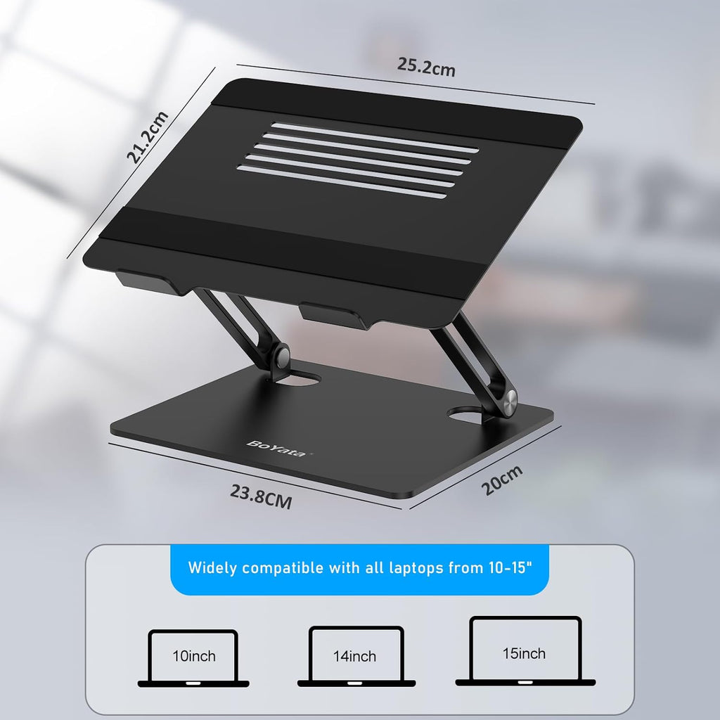 Laptop Stand, Adjustable Aluminum Desktop Riser, up to 15 Inches, Black | Slide-Proof Silicone Pads and Protective Hooks Provide Stable Support for Macbook, Notebooks and Laptops up to 15 Inches